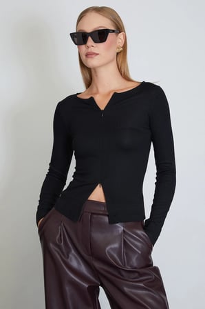 Çift Fermuarlı Bisiklet Yaka Slim Fit Bluz