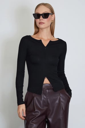 Çift Fermuarlı Bisiklet Yaka Slim Fit Bluz