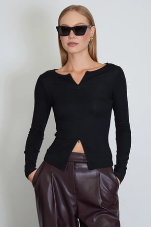 Çift Fermuarlı Bisiklet Yaka Slim Fit Bluz