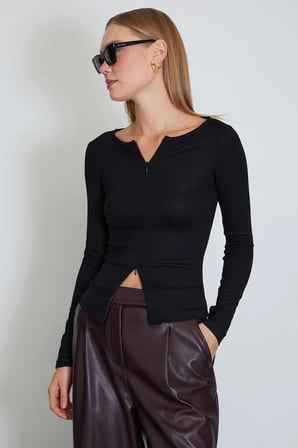 Çift Fermuarlı Bisiklet Yaka Slim Fit Bluz