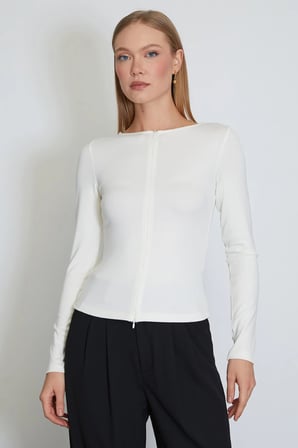 Çift Fermuarlı Bisiklet Yaka Slim Fit Bluz