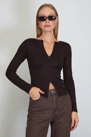 Çift Fermuarlı Bisiklet Yaka Slim Fit Bluz
