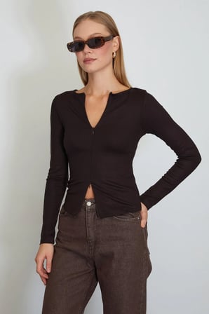 Çift Fermuarlı Bisiklet Yaka Slim Fit Bluz