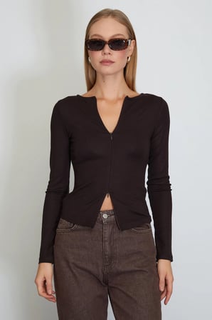Çift Fermuarlı Bisiklet Yaka Slim Fit Bluz