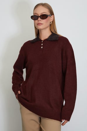 Kadife Polo Yaka Triko Kazak
