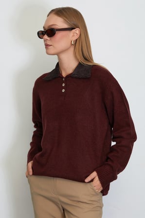 Kadife Polo Yaka Triko Kazak