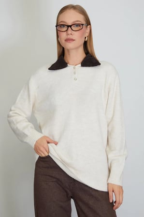 Kadife Polo Yaka Triko Kazak