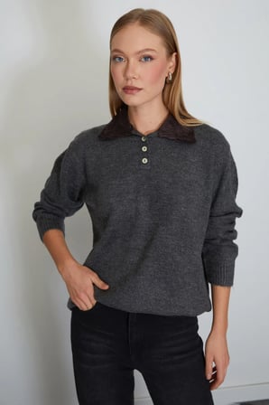 Kadife Polo Yaka Triko Kazak