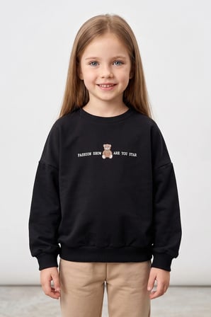 Ayıcık Baskılı Oversize Kız Çocuk Sweatshirt