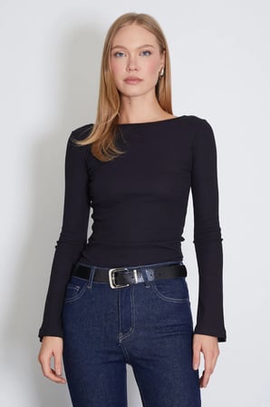 Fitilli Kayık Yaka Flare Kol Slim Fit Bluz
