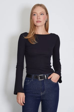 Fitilli Kayık Yaka Flare Kol Slim Fit Bluz