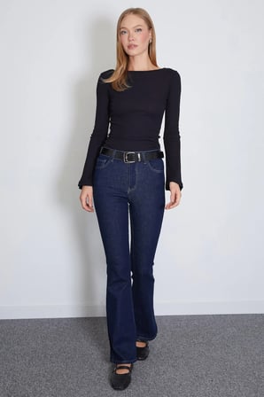 Fitilli Kayık Yaka Flare Kol Slim Fit Bluz