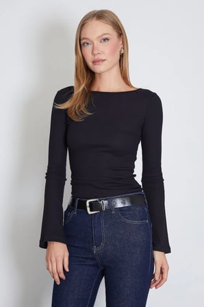 Fitilli Kayık Yaka Flare Kol Slim Fit Bluz
