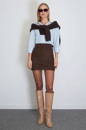 Beli Lastikli Mini Boy Süet Etek