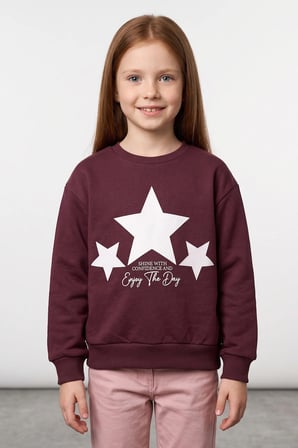 3 İplik Yıldız Baskılı Bisiklet Yaka Kız Çocuk Sweatshirt