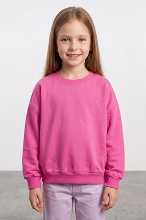 Taşlı Fiyonk Desenli Bisiklet Yaka Salaş Kız Çocuk Sweatshirt
