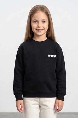 3 İplik Kalp Nakışlı Bisiklet Yaka Kız Çocuk Sweatshirt