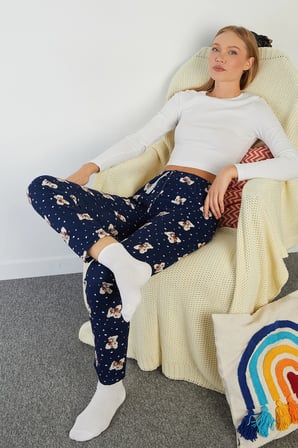 Ayıcık Desenli Beli Lastikli Süet Pijama Altı