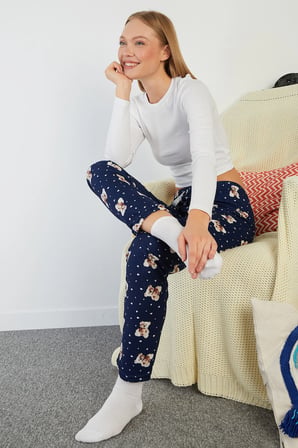 Ayıcık Desenli Beli Lastikli Süet Pijama Altı