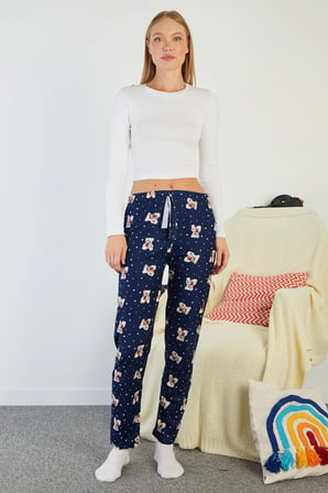 Ayıcık Desenli Beli Lastikli Süet Pijama Altı