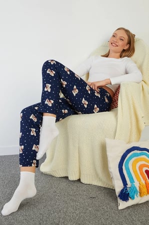 Ayıcık Desenli Beli Lastikli Süet Pijama Altı