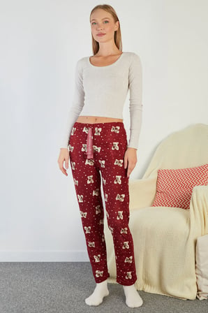 Ayıcık Desenli Beli Lastikli Süet Pijama Altı