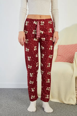 Ayıcık Desenli Beli Lastikli Süet Pijama Altı