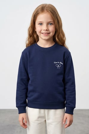 3 İplik Fiyonk Nakışlı Bisiklet Yaka Kız Çocuk Sweatshirt