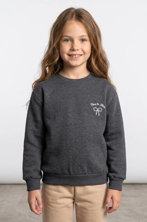 3 İplik Fiyonk Nakışlı Bisiklet Yaka Kız Çocuk Sweatshirt