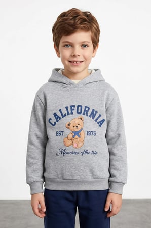 3 İplik Ayıcık Baskılı Kapüşonlu Unisex Çocuk Sweatshirt
