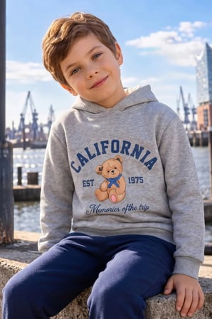 3 İplik Ayıcık Baskılı Kapüşonlu Unisex Çocuk Sweatshirt