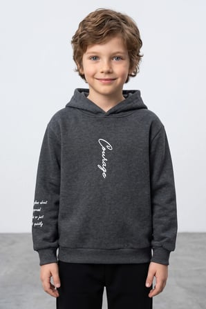3 İplik Yazı Baskılı Kapüşonlu Unisex Çocuk Sweatshirt