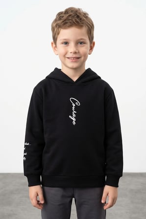 3 İplik Yazı Baskılı Kapüşonlu Unisex Çocuk Sweatshirt