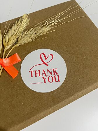 Thank You Üstü Kalpli Kırmızı Yazılı Yuvarlak Yapışkanlı Etiket 3x3 cm 150 adet