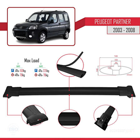Peugeot Partner Post-Facelift 2003-2008 Arası ile Uyumlu FLY Model Ara Atkı Tavan Barı Siyah 2 Adet