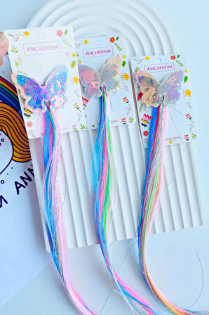 Simli Kelebek Figürlü Renkli Pens Yapay Saç Postiş