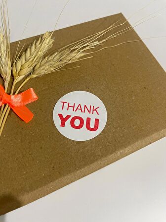 Thank You Kırmızı Yazılı Beyaz Yuvarlak Yapışkanlı Etiket 5x5 cm 100 adet