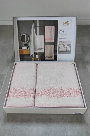 Sevim Bambu Yumuşak & Su Emici Tivoli Cloé Havlu - Pudra Rengi Nakışlı Havlu Modelleri - 2'li Set