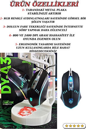 Işıklı RGB Bilgisayar Gaming Oyuncu Mouse Faresi  800 - 2400 DPI Konforlu Gaming Fare FPS