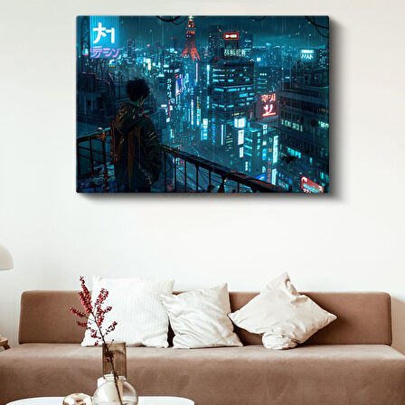 Neo Tokyo - Yağmurlu Gece Cyberpunk Anime Kanvas Tablo