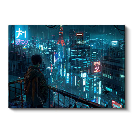 Neo Tokyo - Yağmurlu Gece Cyberpunk Anime Kanvas Tablo