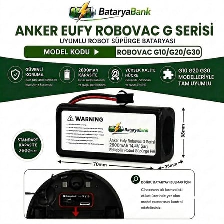 Anker Eufy RoboVac G Serisi (G10 / G20 / G30) Uyumlu Robot Süpürge Bataryası 14.4V 2600mAh Li-ion Şarj Edilebilir Pil