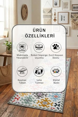 Asude Yıkanabilir Yolluk Halı Kaymaz Taban Salon Mutfak Açık Gri