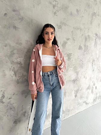 Brg Clothing Pembe Tasarım Yumuşacık Peluş Puantiyeli İthal Saten Astarlı Salaş Kapşonlu Mont