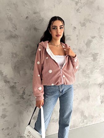 Brg Clothing Pembe Tasarım Yumuşacık Peluş Puantiyeli İthal Saten Astarlı Salaş Kapşonlu Mont