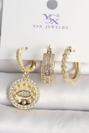 Pirinç Gold Renk Zirkon Taşlı Göz İşlemeli Model  3'Lü Kadın Kombin Küpe