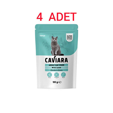 Caviara Pouch Sos Içinde Et Parçacıklı Kuzu Etli Yetişkin Kedi Pouch Yaş Mama 100 grx4