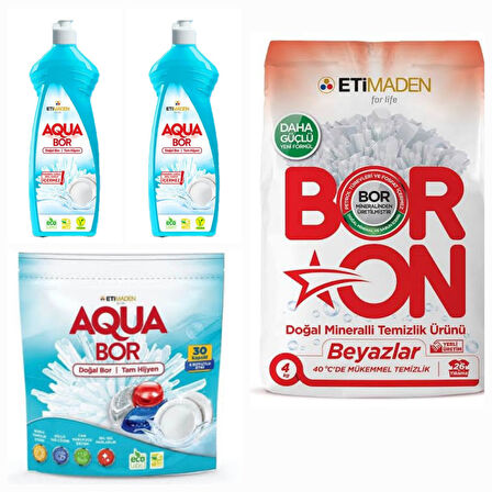 AQUABOR DOĞAL MİNERALLİ BULAŞIK TABLETİ 30 KAPSÜL+BORON TOZ DETERJAN BEYAZLAR İÇİN 4 KG+2 ADET ELDE BULAŞIK