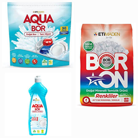 AQUABOR DOĞAL MİNERALLİ BULAŞIK TABLETİ 30 KAPSÜL+BORON TOZ DETERJAN RENKLİLER İÇİN 4 KG+1 ADET ELDE BULAŞIK
