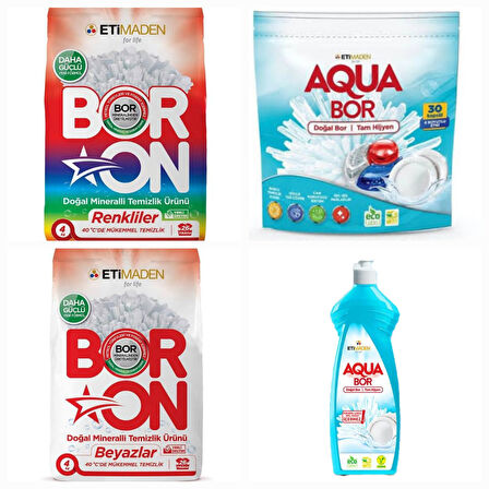 AQUABOR DOĞAL MİNERALLİ BULAŞIK TABLETİ 30 KAPSÜL+BORON TOZ DETERJAN RENKLİLER+BEYAZLAR  4 KG+1 ADET ELDE BULAŞIK